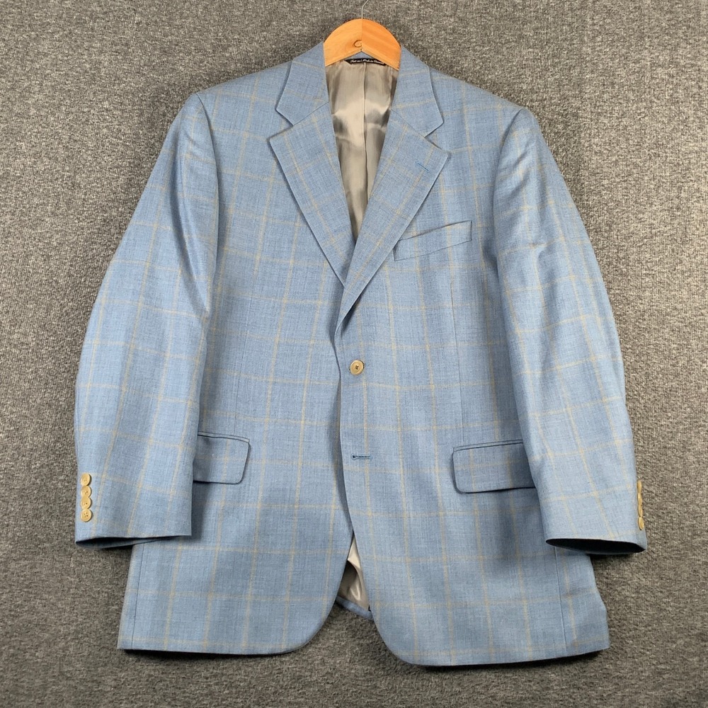 Jack Victor Blazer Jacket Men 40R Blue Windowpane Cashmere Silk Valutowood